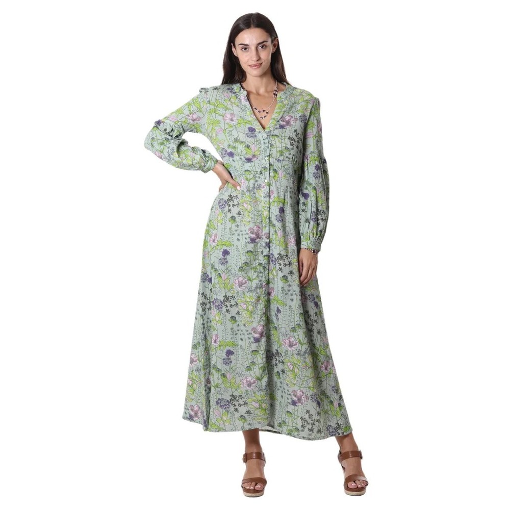 Novica Lush & Lovely Cotton Long Sleeve Floral Green Midi Dress Women's Size XL